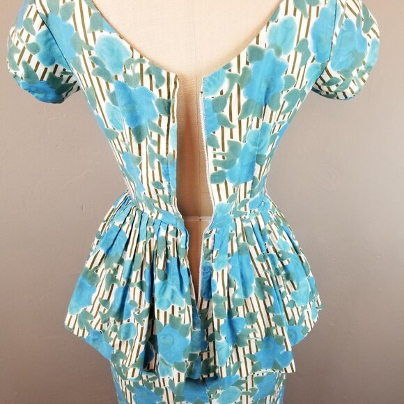 Vintage 1950's Blue Green Roses Striped Background Wiggle Dress with Peplum - Picture 2 of 12